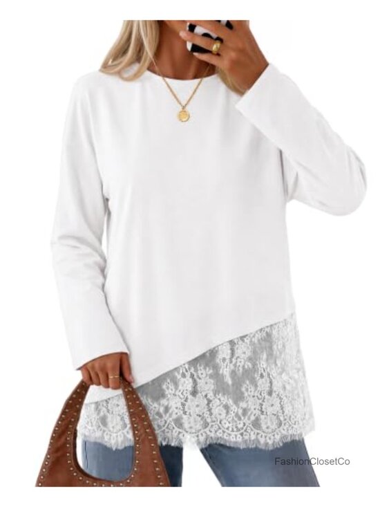 Tops - Lace Long Sleeve Blouse Asymmetrical Tunic Top